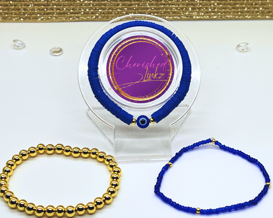 Evil Eye Blue and Gold Beaded Bracelet Set (#1)