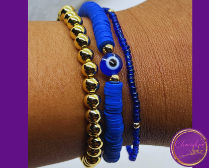Evil Eye Blue and Gold Beaded Bracelet Set (#1)